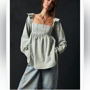 Free People Tunic Top About You Babydoll Light Blue Denim Sz Large